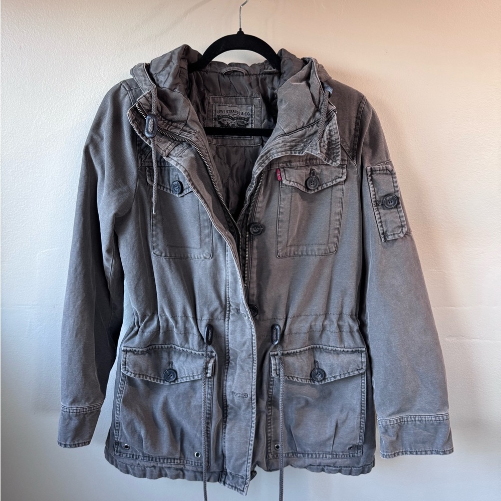 Levi Strauss Utility Jacket Womens Green Button Hood Cargo Lined Military Cute M